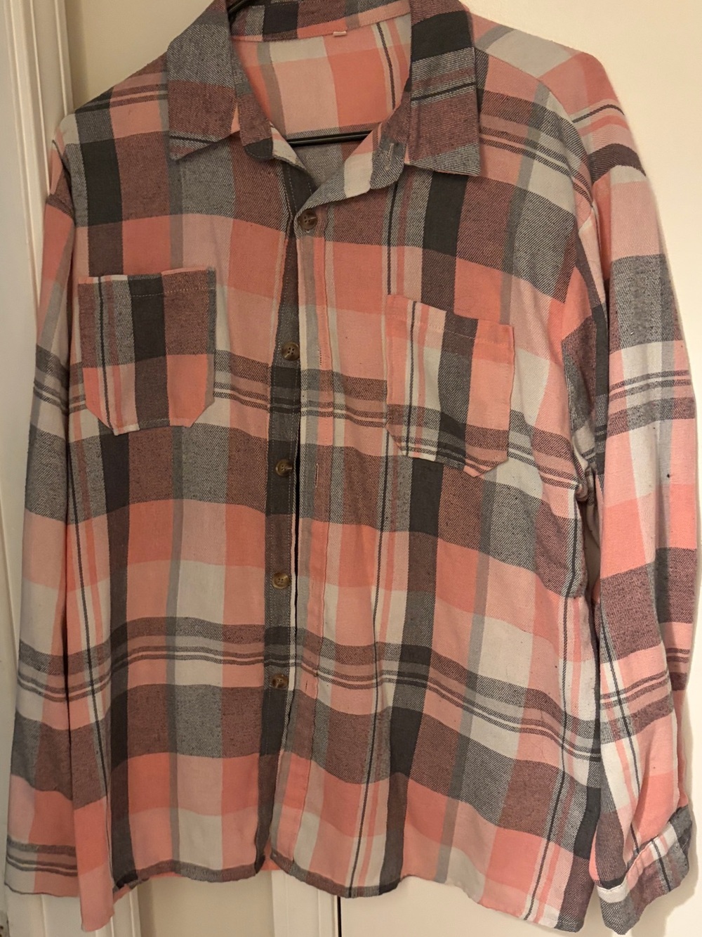 Women’s Pink and Gray Plaid Button-Up Shirt
